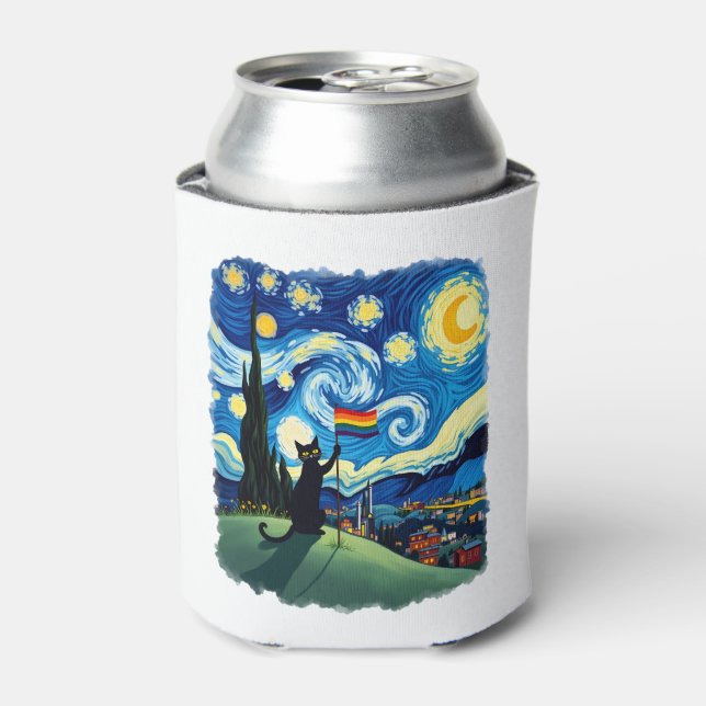 Enfriador De Latas Gay Pride Cat Art Cat Starry Night Style LGBTQ Pri (Lata Anverso)