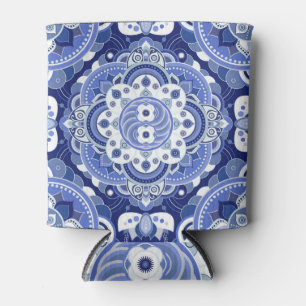 Enfriador De Latas Geométrico azul vintage, ornamento indio.