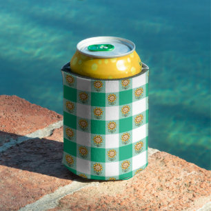 Enfriador De Latas Gingham Verde y Girasoles Amarillos