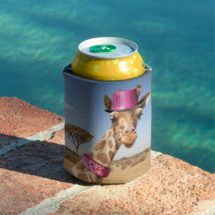 Enfriador De Latas Giraffe en gorra rosa brillante