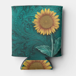 Enfriador De Latas Girasol amarillo con herramientas de cuero verde a