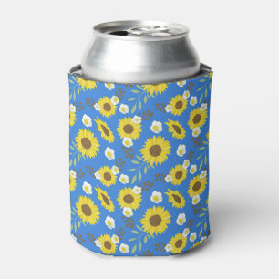 Enfriador De Latas Girasol Amarillo Flor Fondo Azul Floral