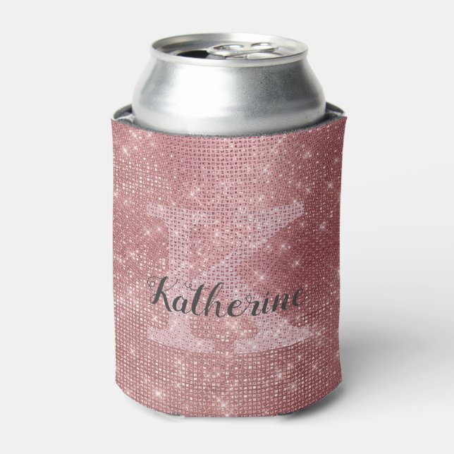 Enfriador De Latas Girly Dusty Rosa Gold Sparkle Glam Monograma Nombr (Lata Anverso)