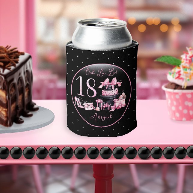 Enfriador De Latas Glam Pink Black Fashion 18th Birthday Party (Glam Pink and Black French Couture Fashion 18th Birthday Party Can Cooler)