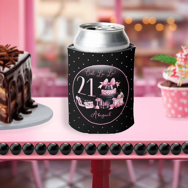 Enfriador De Latas Glam Pink Black Fashion 21st Birthday Fiesta (Glam Pink and Black French Couture Fashion 21st Birthday Party Can Cooler)