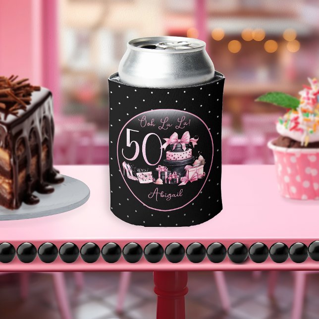 Enfriador De Latas Glam Pink Black Fashion Fiesta de cumpleaños númer (Glam Pink and Black French Couture Fashion 50th Birthday Party Can Cooler)