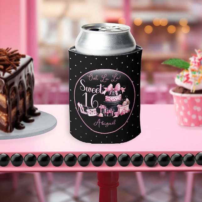 Enfriador De Latas Glam Pink Black Fashion Sweet 16 cumpleaños fiesta (Glam Pink and Black French Couture Fashion Sweet 16 Birthday Party Can Cooler)