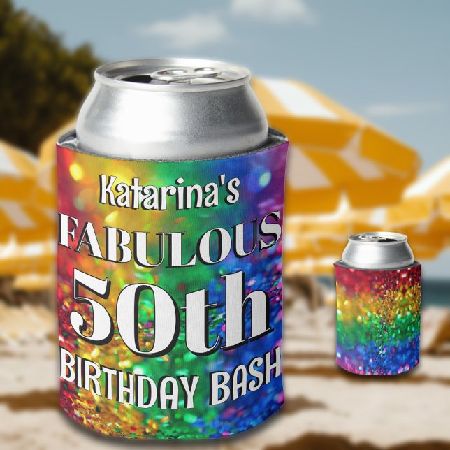 Enfriador De Latas Glam Rainbow Glitter Fabulous 50 Birthday Party (Subido por el creador)