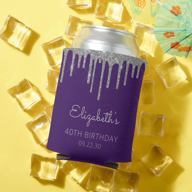 Enfriador De Latas Glam Silver Purpurina Drip Purple 40 cumpleaños (Verano in situ)