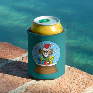 Enfriador De Latas Globe de nieve con búho de Santa Claus