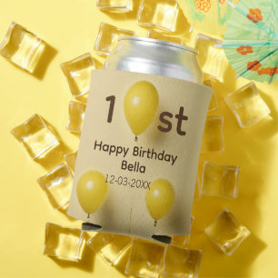 Enfriador De Latas Globos amarillos cumpleaños 1er nombre fecha texto