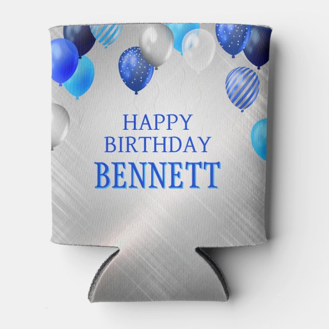 Enfriador De Latas Globos azules de cumpleaños (Anverso)