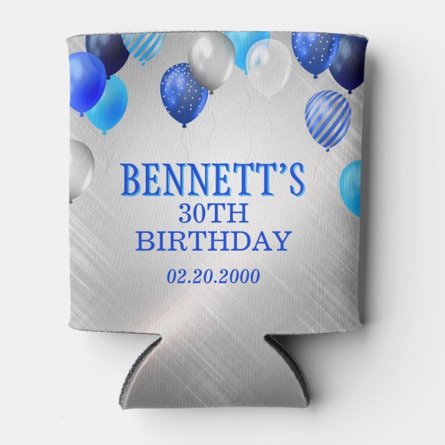 Enfriador De Latas Globos azules de cumpleaños (Anverso)