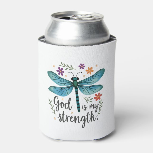 Enfriador De Latas God is my strength Floral Dragonfly Christian T-Sh (Lata Anverso)