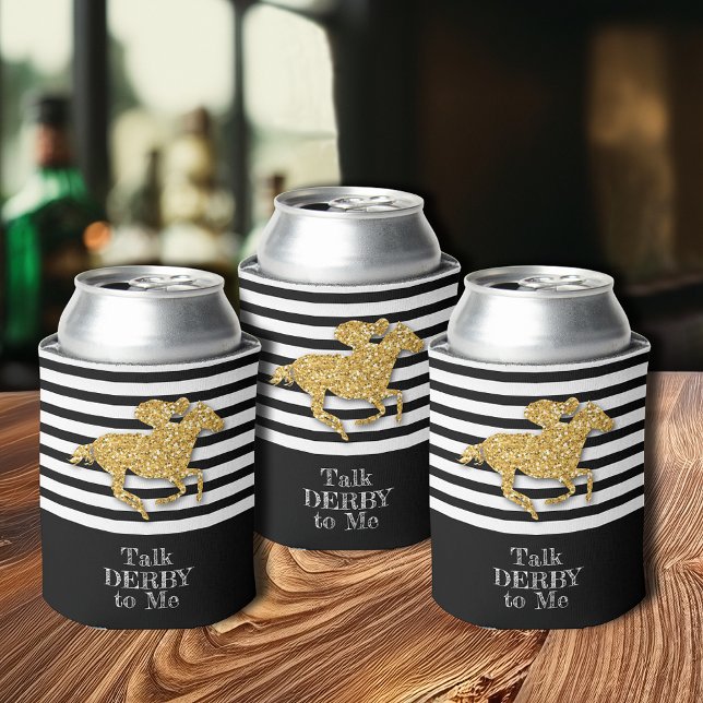 Enfriador De Latas Gold Derby Race Horse Black White Stripes (Gold Derby racehorse on black and white stripes beverage can coolers)