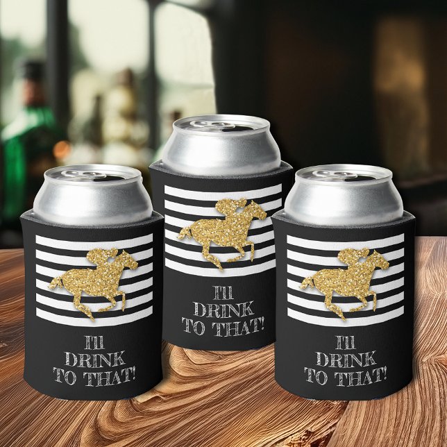 Enfriador De Latas Gold Racehorse Black White Stripes Cumpleaños (Add your personalization to the bottom of these can coolers.)