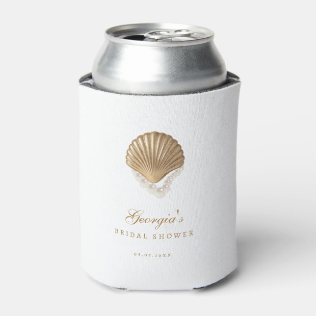 Enfriador De Latas Gold Seashell Custom Coastal Bridal Shower Favor (Lata Anverso)