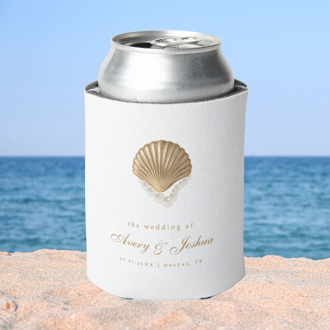 Enfriador De Latas Gold Seashell Custom Coastal Wedding Favor (Subido por el creador)