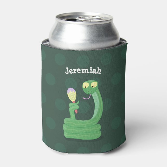Enfriador De Latas Graciosa serpiente verde con maraca personalizado (Lata Anverso)