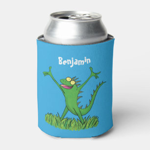 Enfriador De Latas Gracioso lagarto de iguana con sonrisa verde