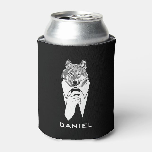 Enfriador De Latas Gracioso lobo hipster con negro esmoquin personali (Lata Anverso)