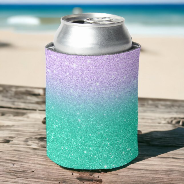 Enfriador De Latas Gradiente oscuro purpurina acuático púrpura de sir (Mermaid purple teal aqua glitter ombre gradient can cooler)