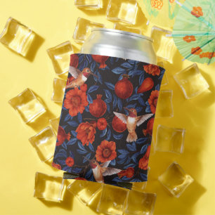 Enfriador De Latas Granadas y colibríes/hojas azules en negro