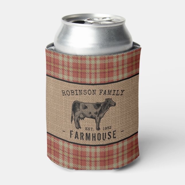Enfriador De Latas Granja de familia Rústica Vaca Red Plaid Burlap (Lata Anverso)