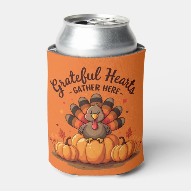 Enfriador De Latas Grateful Hearts Thanksgiving Turkey Orange (Lata Anverso)