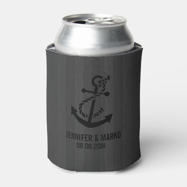 Enfriador De Latas Gray Faux Wood Stripes Nautical Anchor (Lata Anverso)