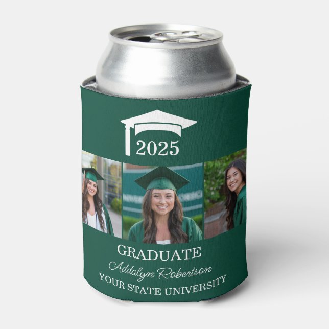 Enfriador De Latas Green 3 Photo Graduation Cap Clase 2025 (Lata Anverso)