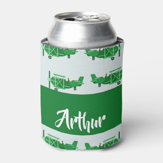 Enfriador De Latas Green flying airplanes on blue (Lata Anverso)