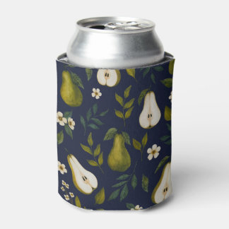Enfriador De Latas Green Pear Watercolor Pattern on Dark Blue 