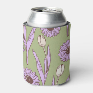 Enfriador De Latas Green Purple Retro Y2K Funky Hippie Flower Pattern