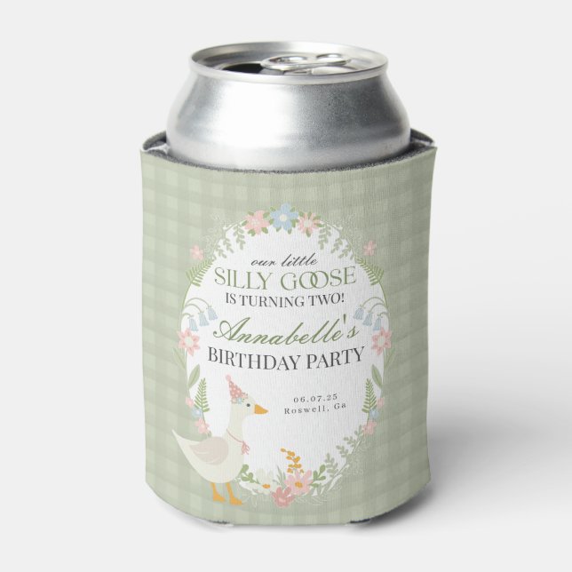 Enfriador De Latas Green Silly Goose Floral Gingham Birthday Favor (Lata Anverso)