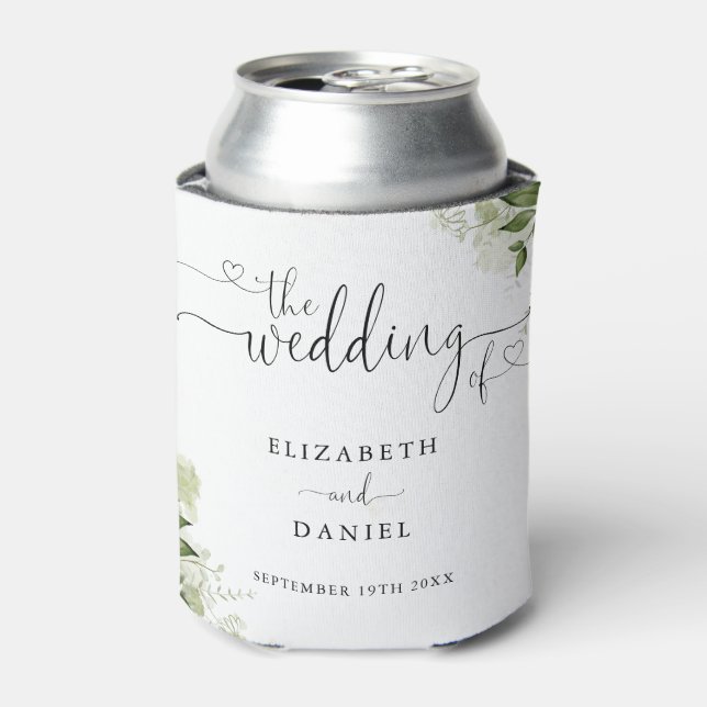 Enfriador De Latas Greenery Floral Heart Script Boda (Lata Anverso)