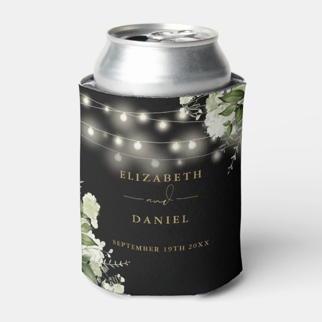 Enfriador De Latas Greenery Floral String Luces Black Gold Boda (Lata Anverso)