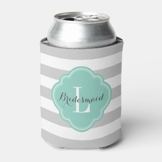 Enfriador De Latas Gris y Aqua Preppy Strips Monograma (Lata Anverso)