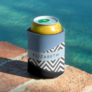 Enfriador De Latas Gris Zigzag, Gris Chevron, Azul, Tu Nombre