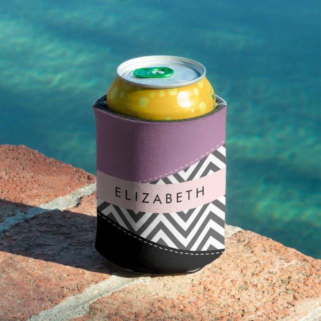 Enfriador De Latas Gris Zigzag, Gris Chevron, Púrpura, Tu Nombre (Piscina in situ)