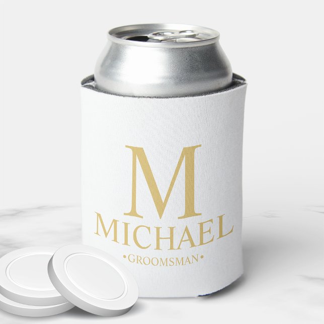 Enfriador De Latas Groomsman clásico personalizado en blanco y oro (Subido por el creador)