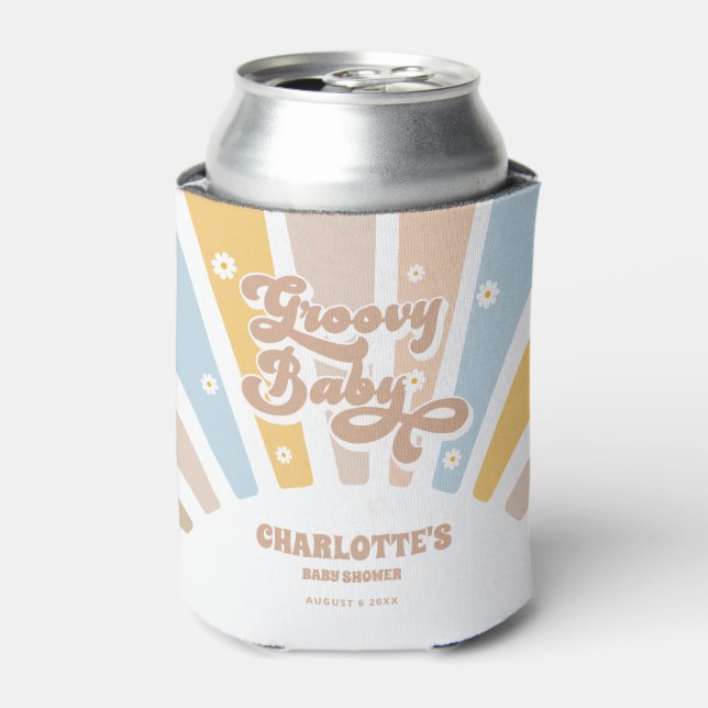 Enfriador De Latas Groovy Pink Retro Daisies Foto Baby Shower Favores (Lata Anverso)