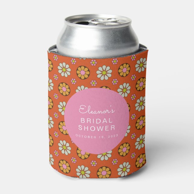 Enfriador De Latas Groovy Retro 60 Flores Naranja ducha de novia rosa (Lata Anverso)