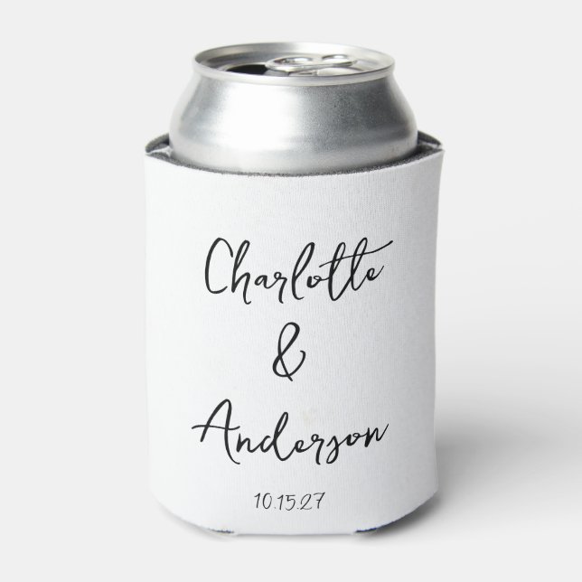 Enfriador De Latas Guión manuscrito Boda personalizada blanca y capri (Lata Anverso)
