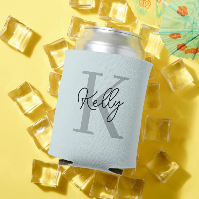 Enfriador De Latas Guión moderno de monograma azul Aqua (Verano in situ)