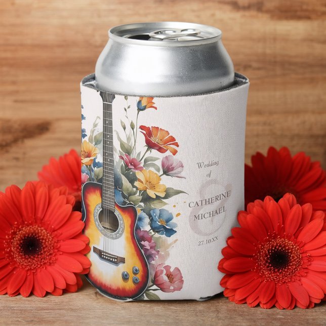 Enfriador De Latas Guitar Wildflower Ampersand Musical Wedding  (Front view guitar wedding can cooler with wildflower meadow summer wedding Can Cooler)
