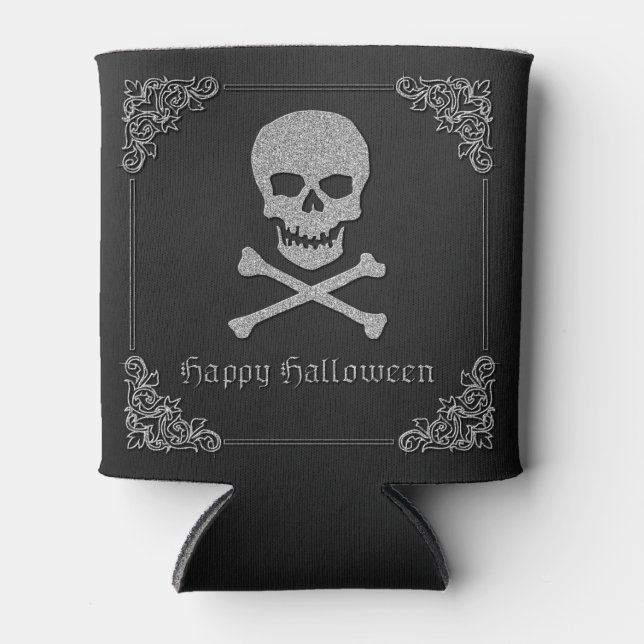 Enfriador De Latas Halloween con calaveras plateadas y cruces (Anverso)