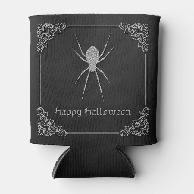 Enfriador De Latas Halloween de araña plateada (Anverso)