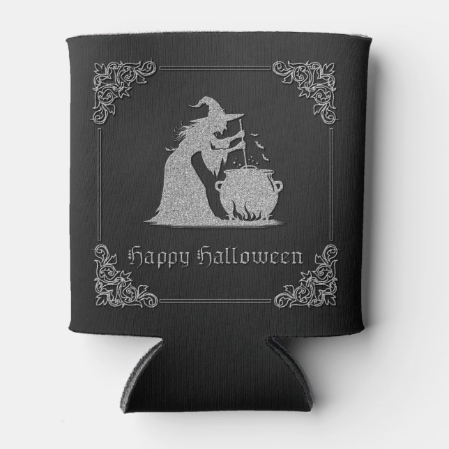 Enfriador De Latas Halloween de Brujas y Calderones Plateados (Anverso)