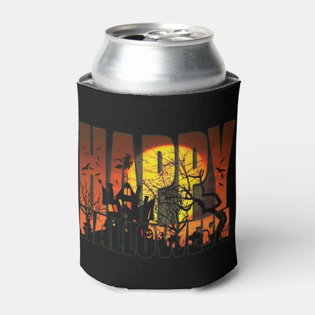 Enfriador De Latas Halloween feliz casa embrujada (Lata Anverso)